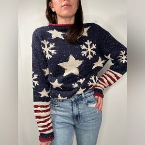 Vintage bold patterned knit sweater-American themed w/ stars stripes snowflakes
